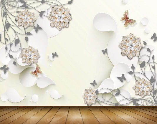 Avikalp MWZ1131 White Golden Flowers Butterflies 3D HD Wallpaper