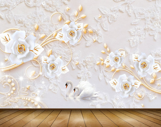 Avikalp MWZ1133 White Golden Flowers Swans 3D HD Wallpaper