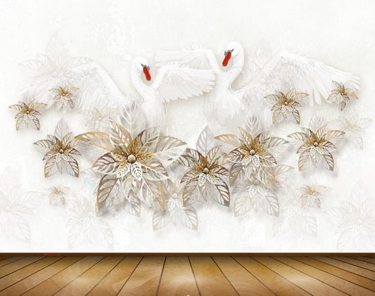 Avikalp MWZ1139 Golden Leaves Swans 3D HD Wallpaper