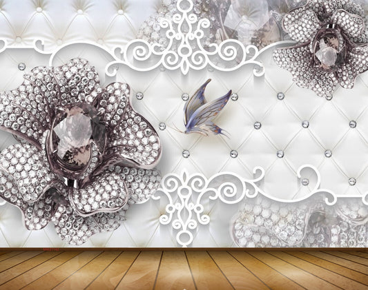 Avikalp MWZ1142 Silver Flowers Butterflies 3D HD Wallpaper