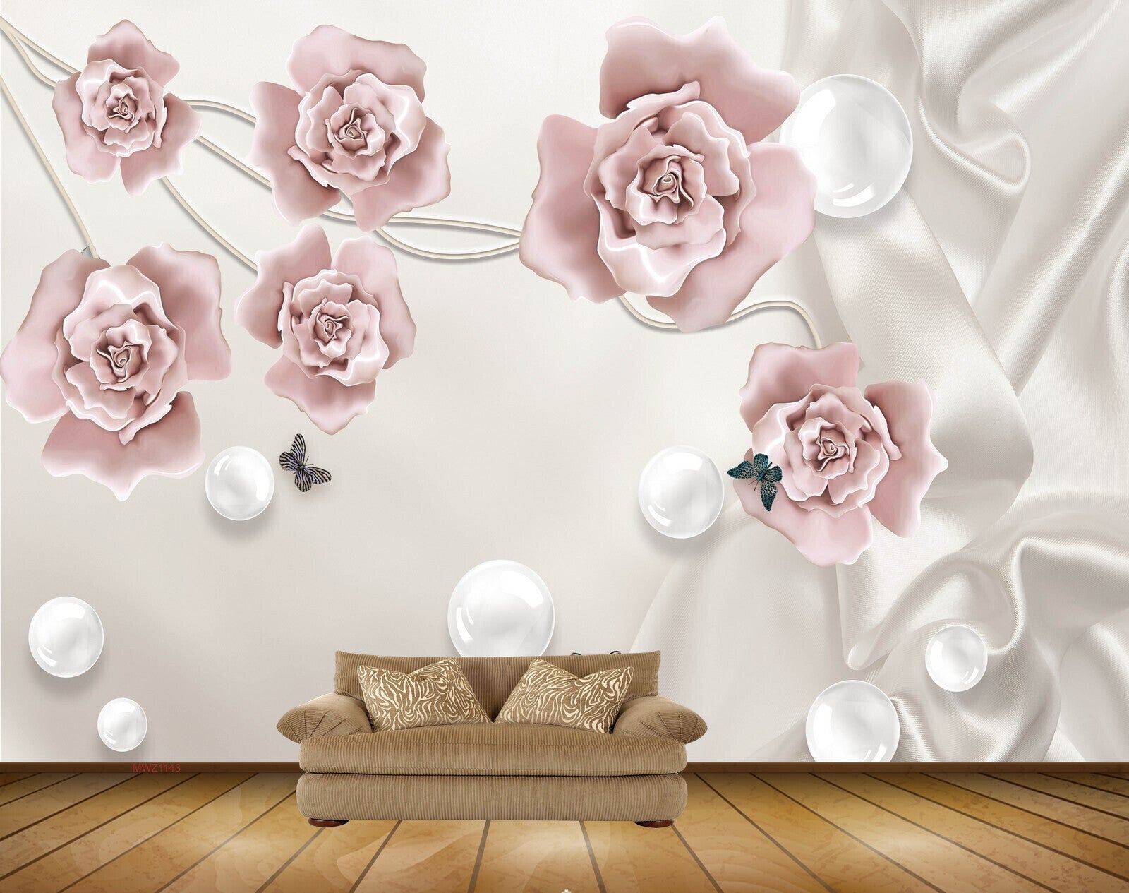 Avikalp MWZ1143 Pink Flowers Butterlies Pearls 3D HD Wallpaper