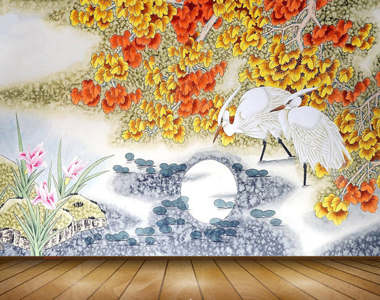 Avikalp MWZ1171 Yellow Orange Flowers Moon Cranes Stones 3D HD Wallpaper