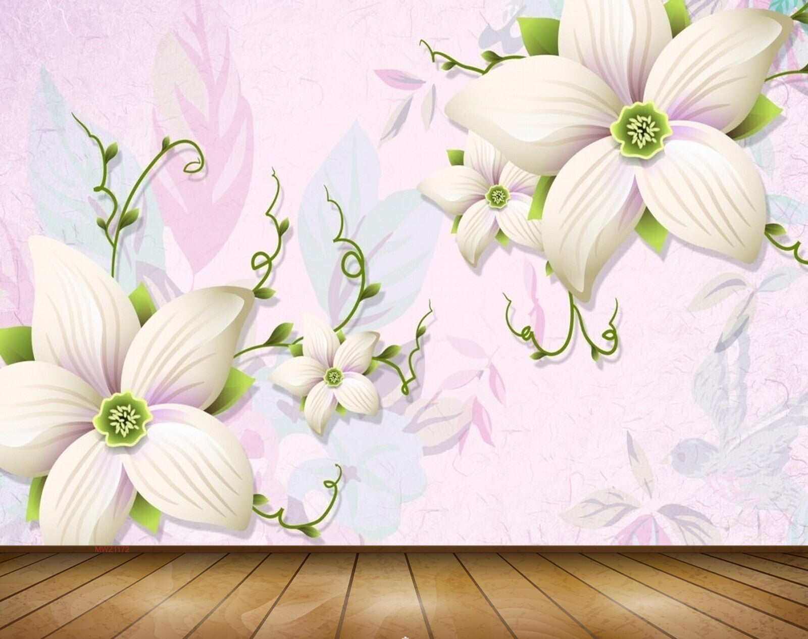 Avikalp MWZ1172 White Pink Flowers Leaves 3D HD Wallpaper