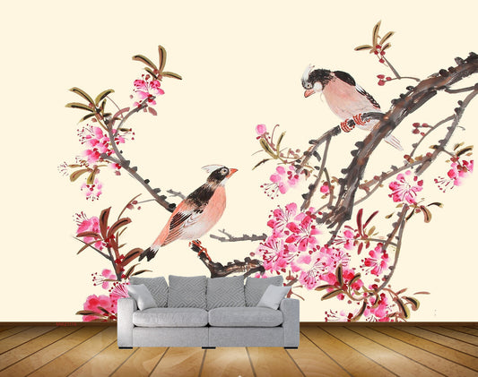 Avikalp MWZ1176 Pink Flowers Birds Branches HD Wallpaper