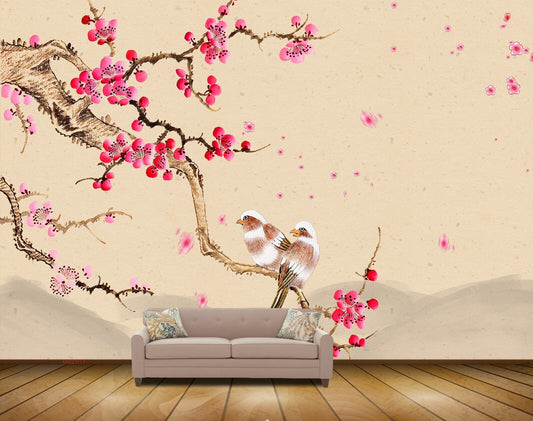 Avikalp MWZ1177 Pink Flowers Birds Branches HD Wallpaper