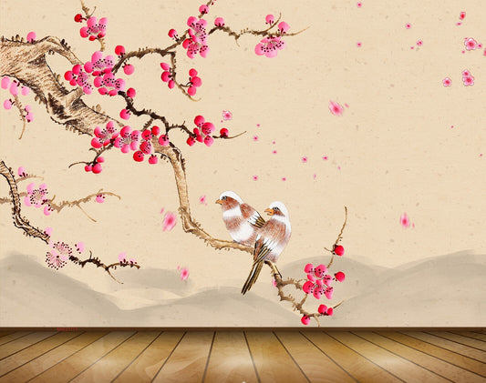 Avikalp MWZ1177 Pink Flowers Birds Branches 3D HD Wallpaper