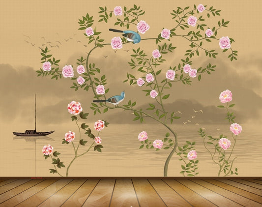 Avikalp MWZ1184 Pink Flowers Boat Tree Birds 3D HD Wallpaper