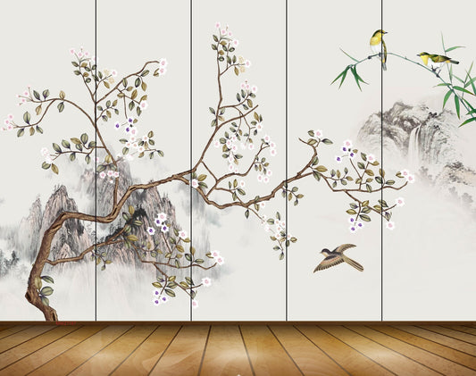 Avikalp MWZ1187 White Flowers Branches Birds 3D HD Wallpaper