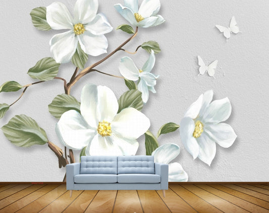 Avikalp MWZ1208 White Flowers Butterflies HD Wallpaper