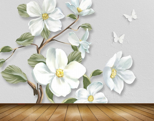 Avikalp MWZ1208 White Flowers Butterflies 3D HD Wallpaper