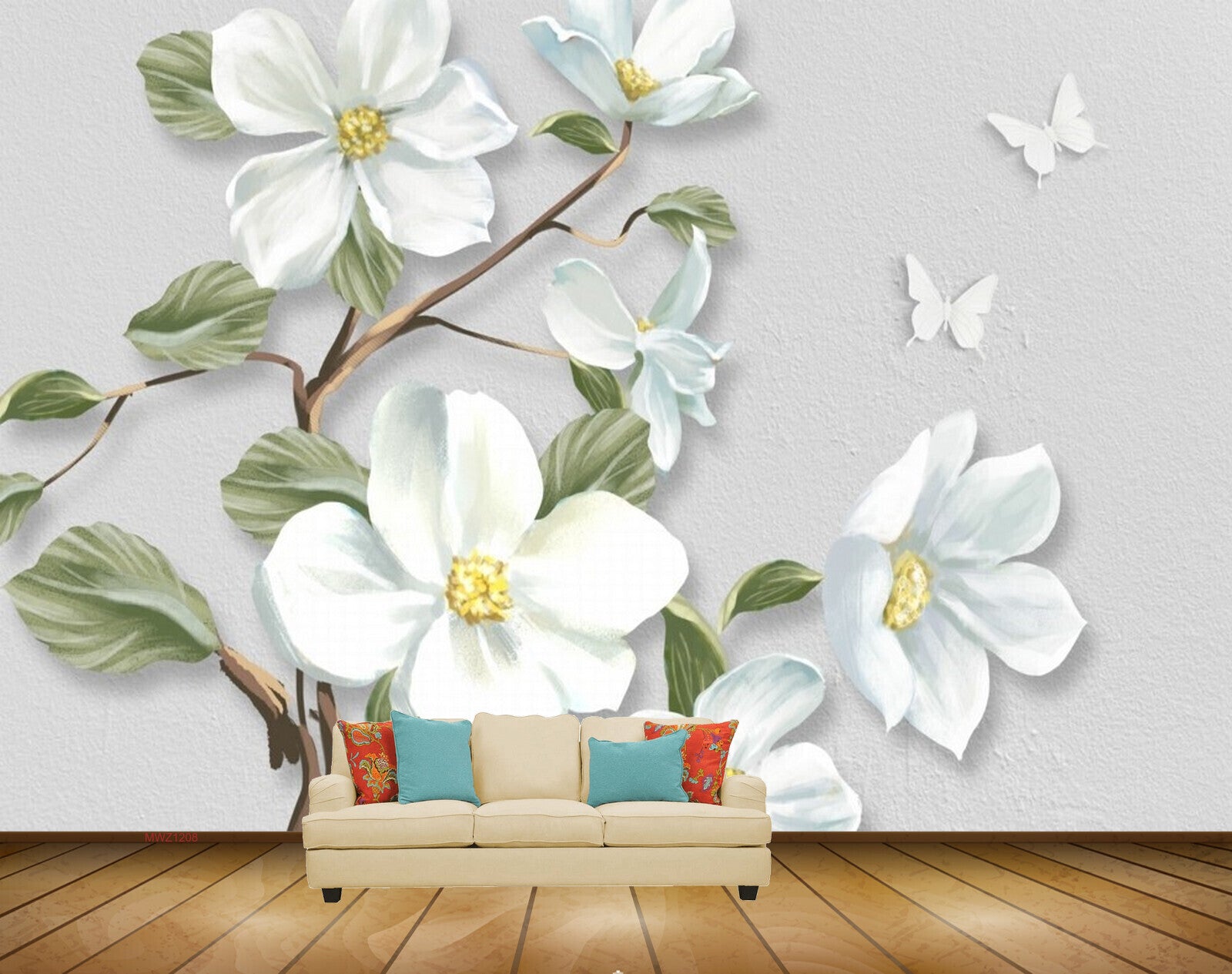 Avikalp MWZ1208 White Flowers Butterflies 3D HD Wallpaper