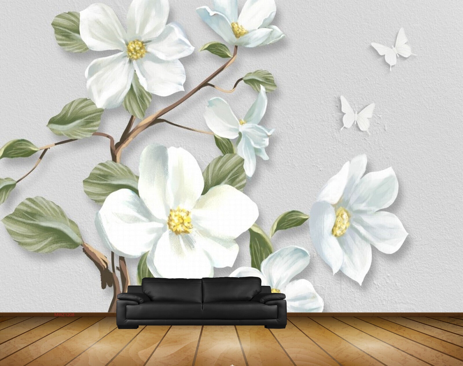 Avikalp MWZ1208 White Flowers Butterflies 3D HD Wallpaper