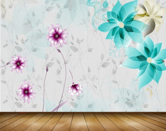 Avikalp MWZ1210 Blue White Pink Flowers 3D HD Wallpaper