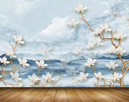 Avikalp MWZ1211 White Flowers Branches 3D HD Wallpaper