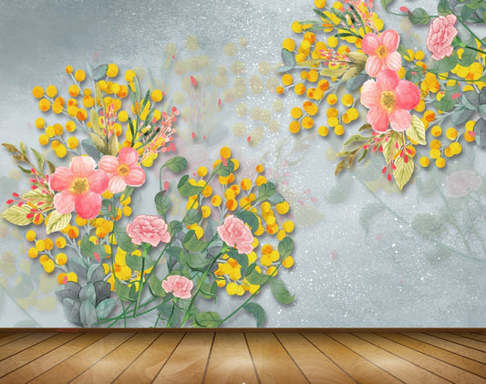 Avikalp MWZ1232 Pink Yellow Flowers Leaves 3D HD Wallpaper