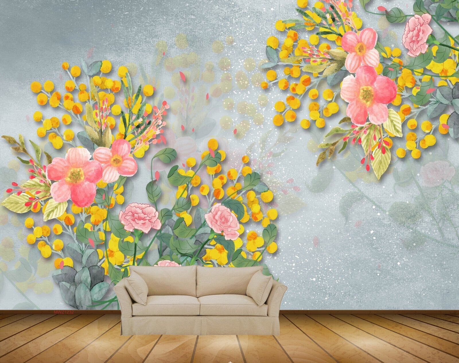 Avikalp MWZ1232 Pink Yellow Flowers Leaves 3D HD Wallpaper