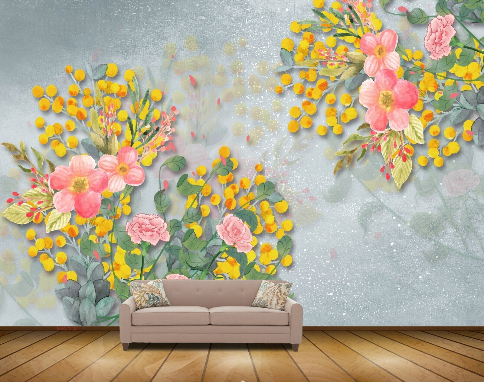 Avikalp MWZ1232 Pink Yellow Flowers Leaves 3D HD Wallpaper