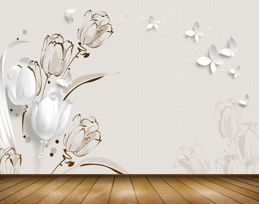 Avikalp MWZ1237 White Flowers Butterflies 3D HD Wallpaper