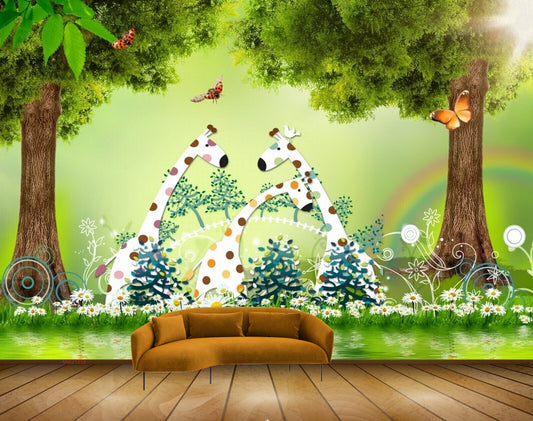 Avikalp MWZ1239 Giraffe Butterflies Trees HD Wallpaper