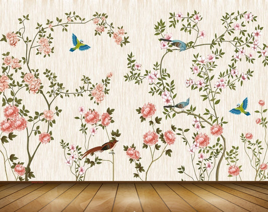 Avikalp MWZ1243 Pink White Flowers Birds 3D HD Wallpaper