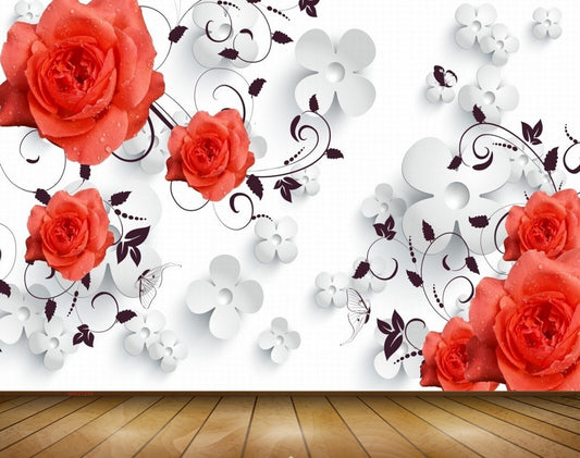 Avikalp MWZ1245 Red White Flowers Butterflies 3D HD Wallpaper