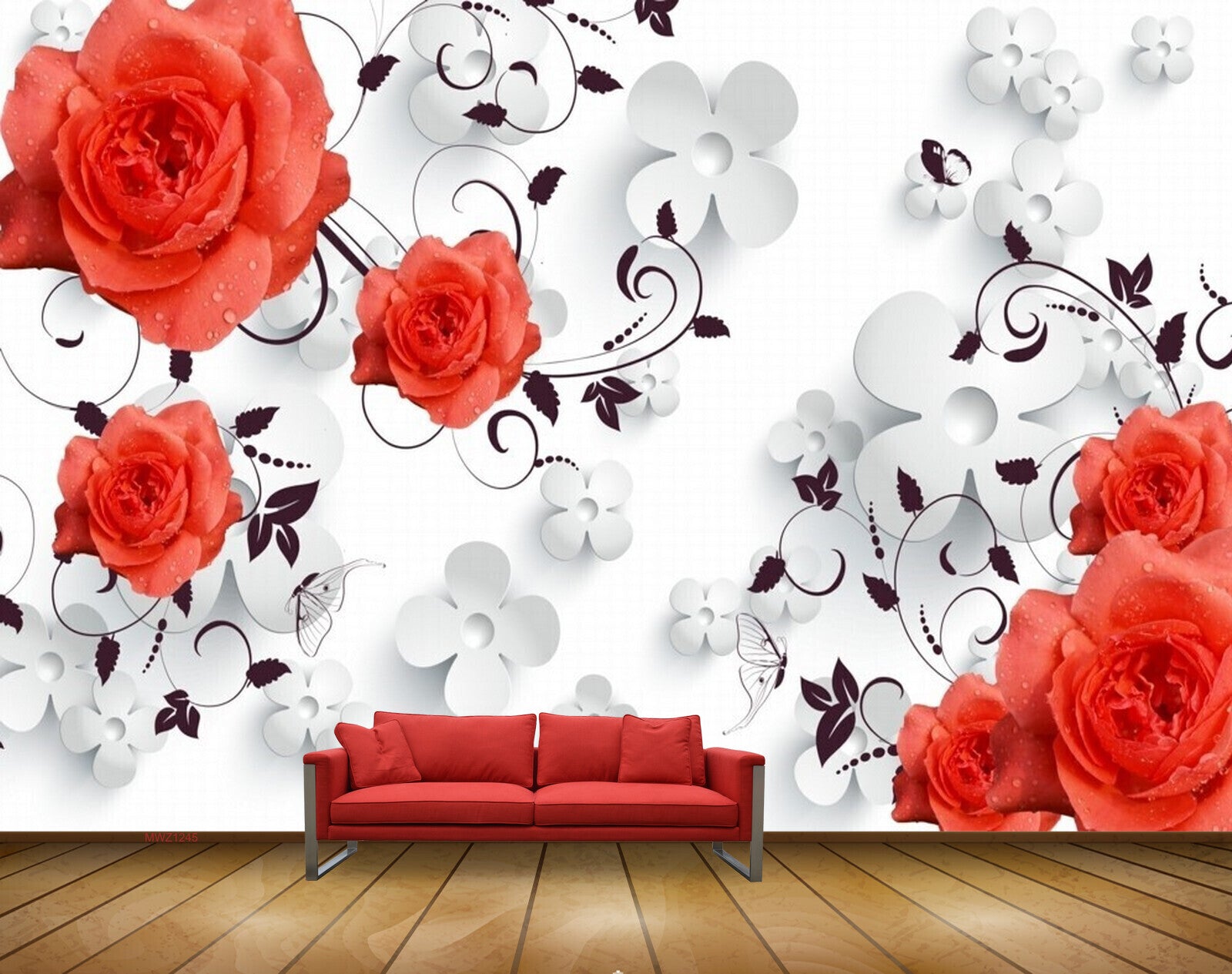 Avikalp MWZ1245 Red White Flowers Butterflies 3D HD Wallpaper