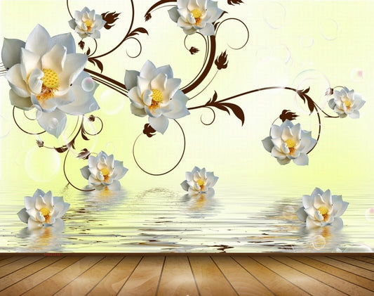 Avikalp MWZ1246 White Yellow Flowers Leaves 3D HD Wallpaper