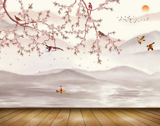 Avikalp MWZ1250 Pink White Flowers Birds Sun Boat 3D HD Wallpaper