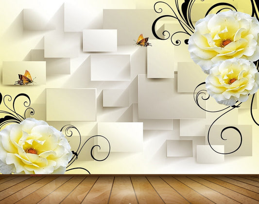 Avikalp MWZ1251 Yellow White Flowers Butterflies 3D HD Wallpaper