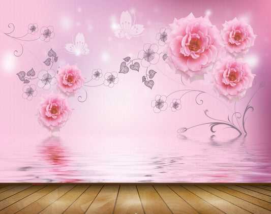 Avikalp MWZ1254 Pink Flowers Butterflies 3D HD Wallpaper