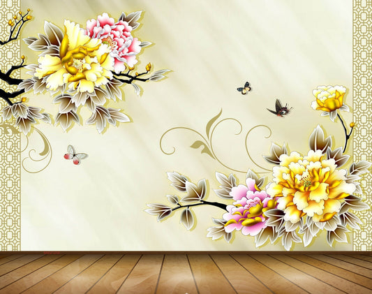 Avikalp MWZ1258 Yellow Pink Flowers Butterflies 3D HD Wallpaper