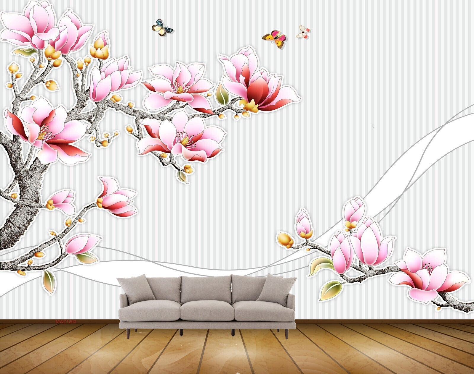 Avikalp MWZ1260 Pink White Flowers Butterflies Branches HD Wallpaper