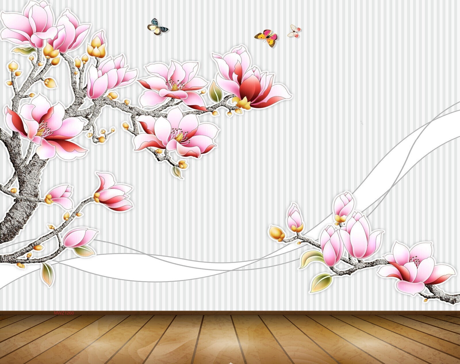 Avikalp MWZ1260 Pink White Flowers Butterflies Branches 3D HD Wallpaper