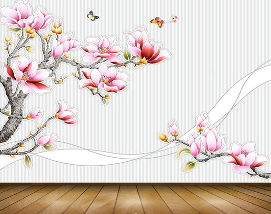 Avikalp MWZ1260 Pink White Flowers Butterflies Branches 3D HD Wallpaper