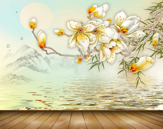 Avikalp MWZ1263 White Orange Leaves River 3D HD Wallpaper