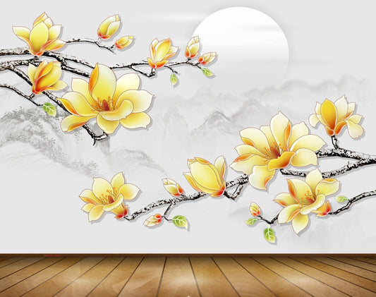 Avikalp MWZ1264 Yellow Flowers Branches Moon 3D HD Wallpaper