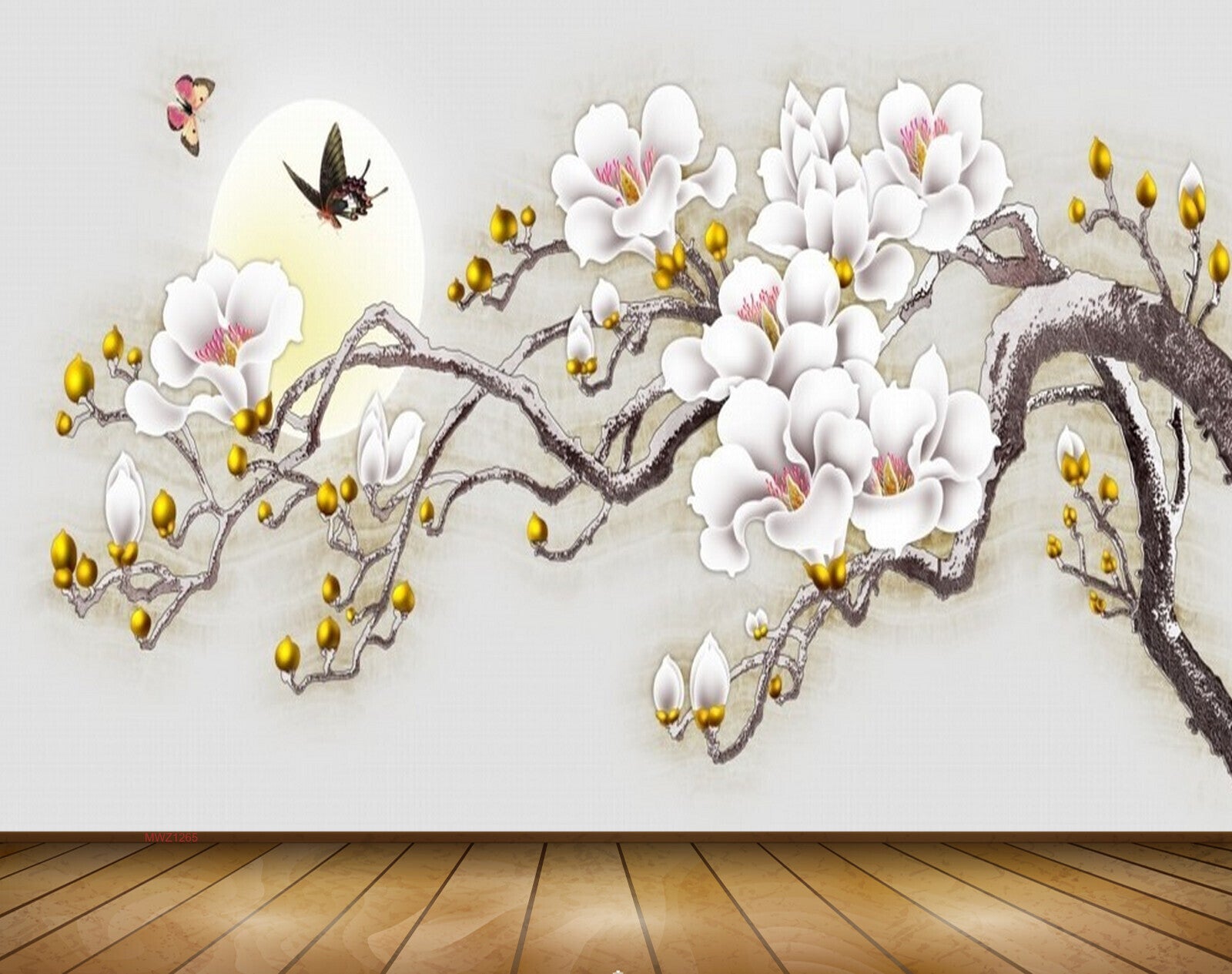 Avikalp MWZ1265 White Flowers Branches Butterflies 3D HD Wallpaper