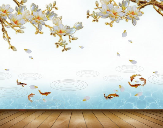 Avikalp MWZ1273 White Yellow Flowers Fishes 3D HD Wallpaper