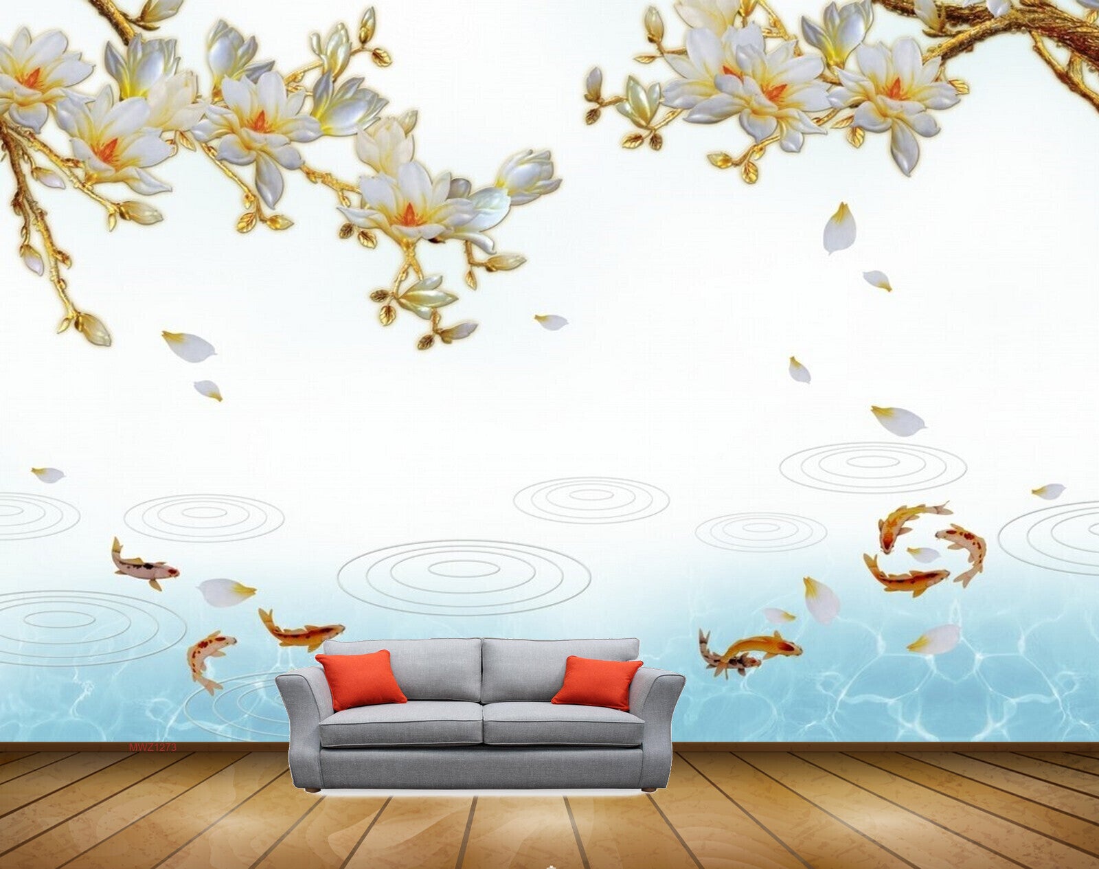 Avikalp MWZ1273 White Yellow Flowers Fishes 3D HD Wallpaper