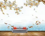 Avikalp MWZ1273 White Yellow Flowers Fishes 3D HD Wallpaper