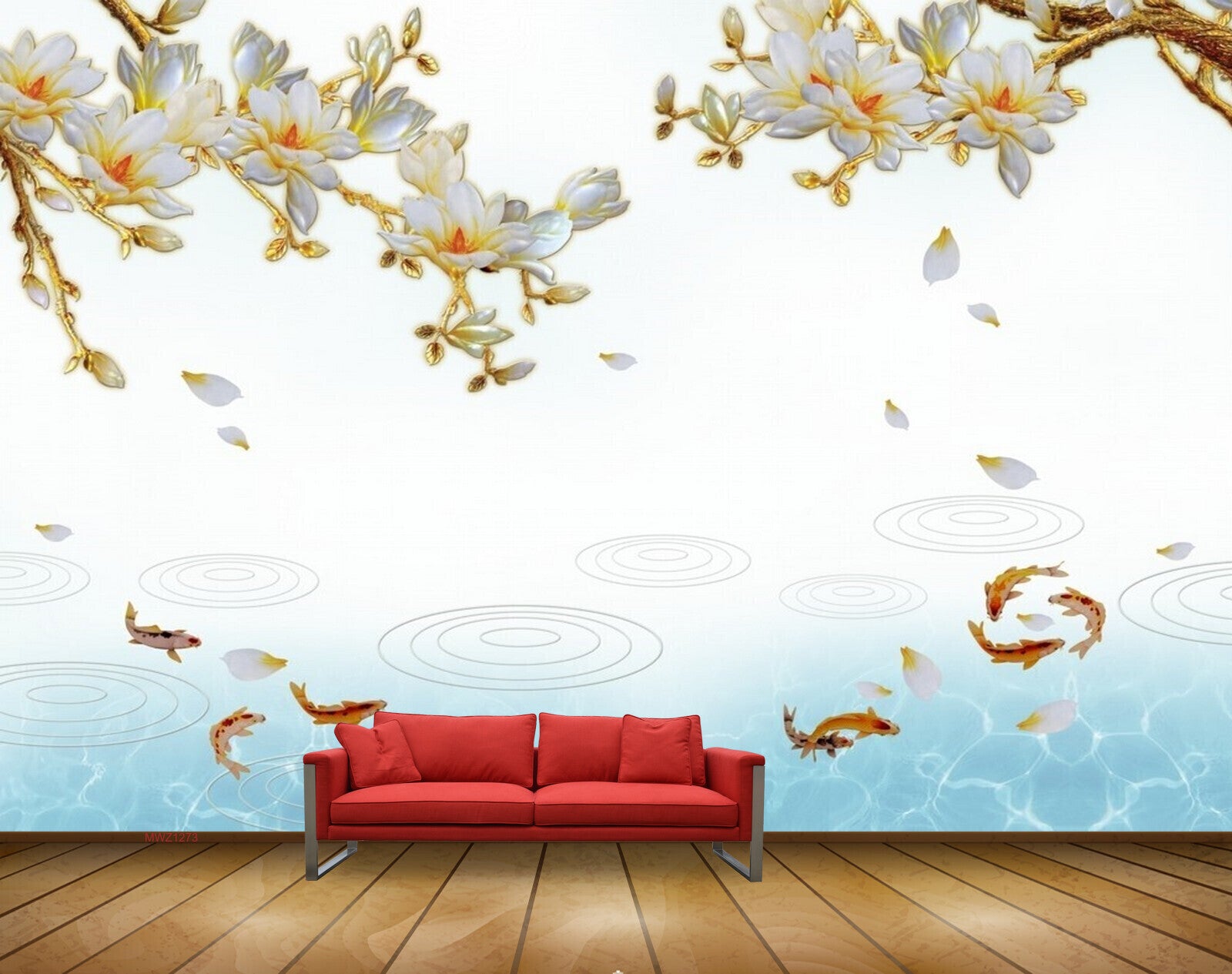 Avikalp MWZ1273 White Yellow Flowers Fishes 3D HD Wallpaper