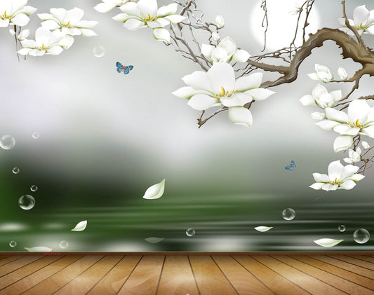 Avikalp MWZ1276 White Flowers Butterflies 3D HD Wallpaper