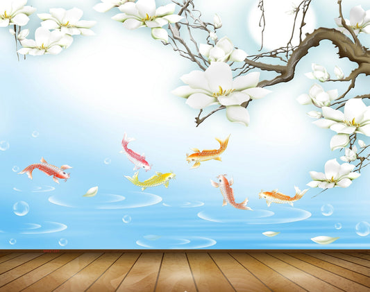 Avikalp MWZ1281 White Flowers Fishes 3D HD Wallpaper