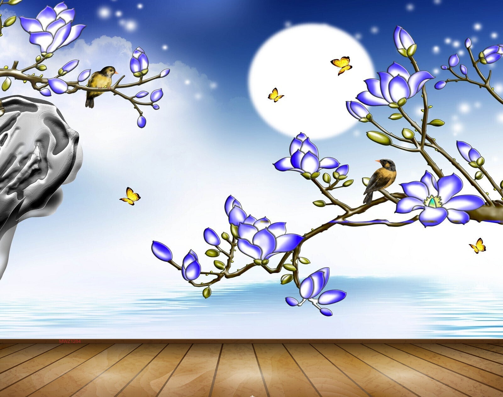 Avikalp MWZ1284 Blue Flowers Birds Butterflies Moon 3D HD Wallpaper