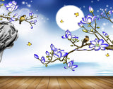 Avikalp MWZ1284 Blue Flowers Birds Butterflies Moon 3D HD Wallpaper