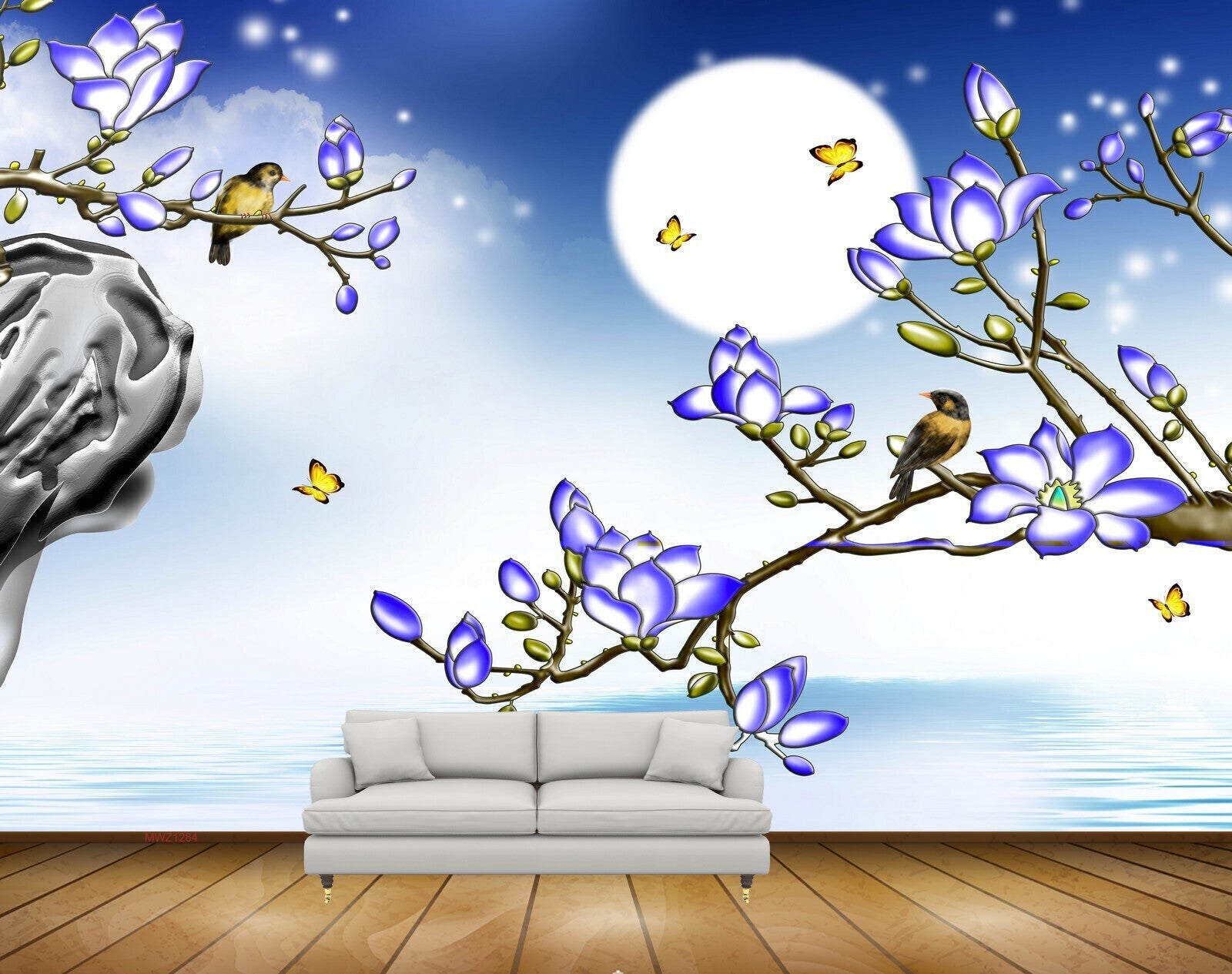 Avikalp MWZ1284 Blue Flowers Birds Butterflies Moon 3D HD Wallpaper