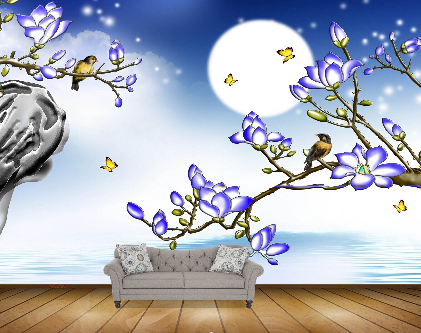 Avikalp MWZ1284 Blue Flowers Birds Butterflies Moon 3D HD Wallpaper