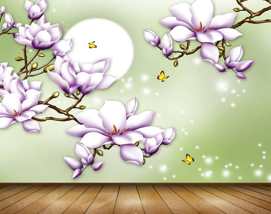 Avikalp MWZ1287 Purple White Flowers Butterflies 3D HD Wallpaper