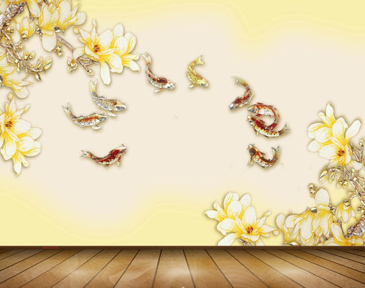 Avikalp MWZ1290 Yellow White Flowers Fishes 3D HD Wallpaper