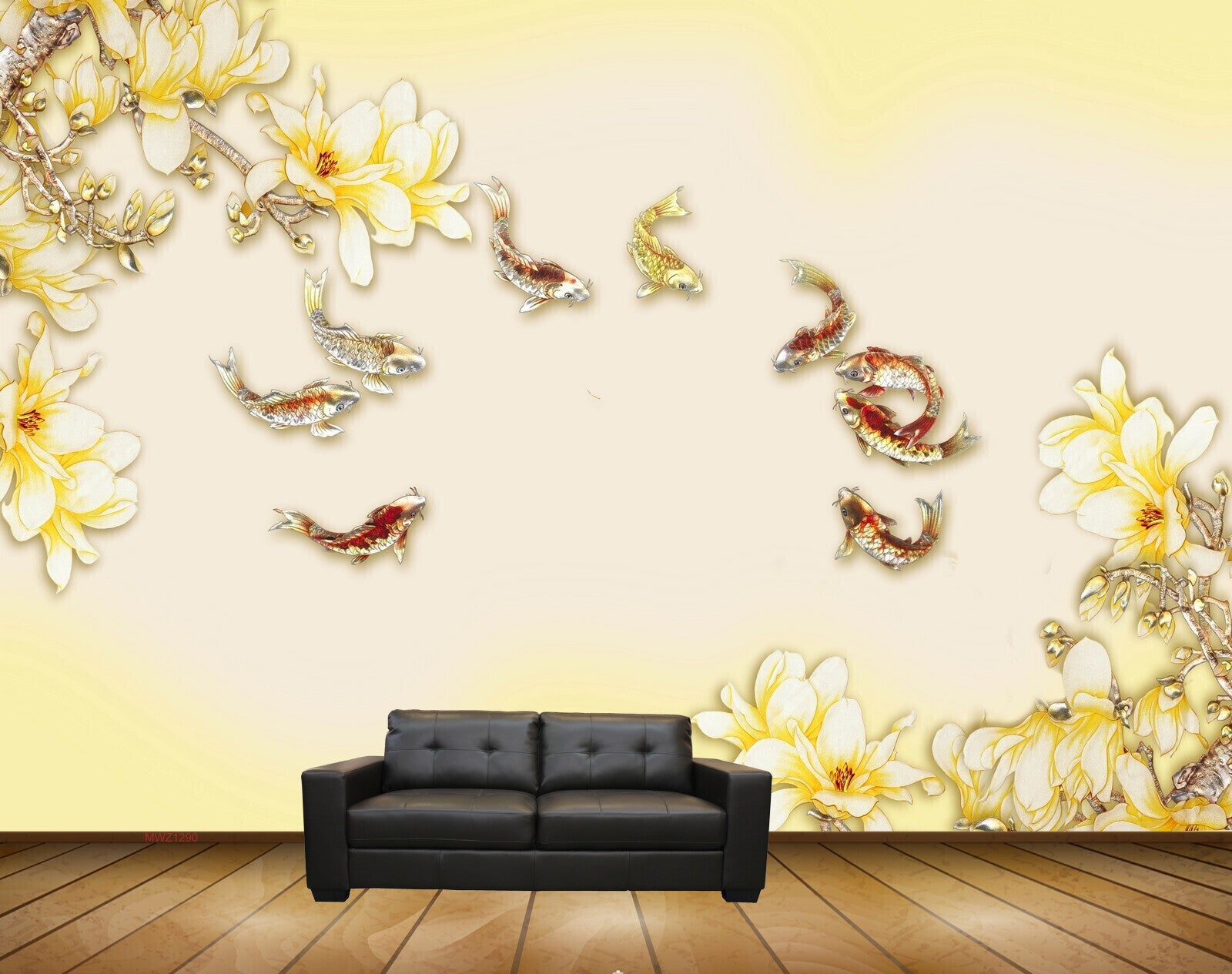 Avikalp MWZ1290 Yellow White Flowers Fishes 3D HD Wallpaper